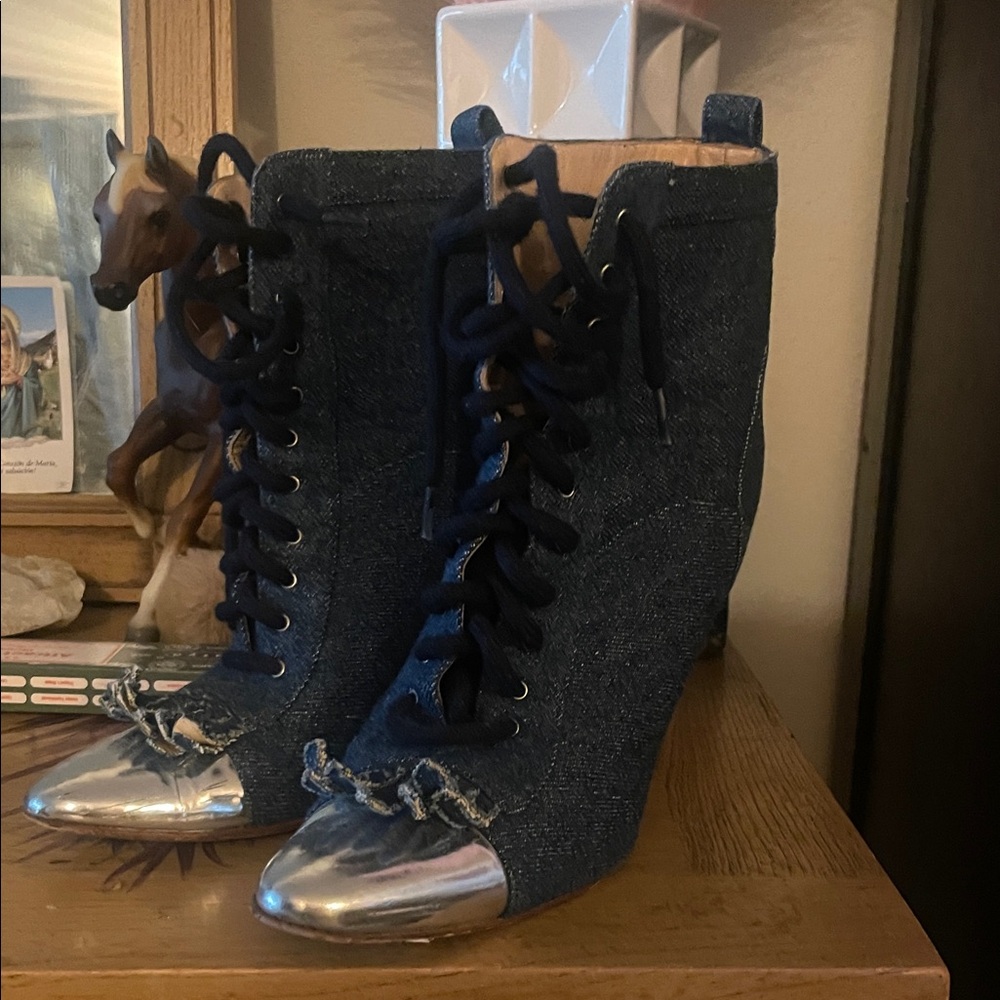 Manolo Blahnik Denim Lace-Up Boots with Silver Toes